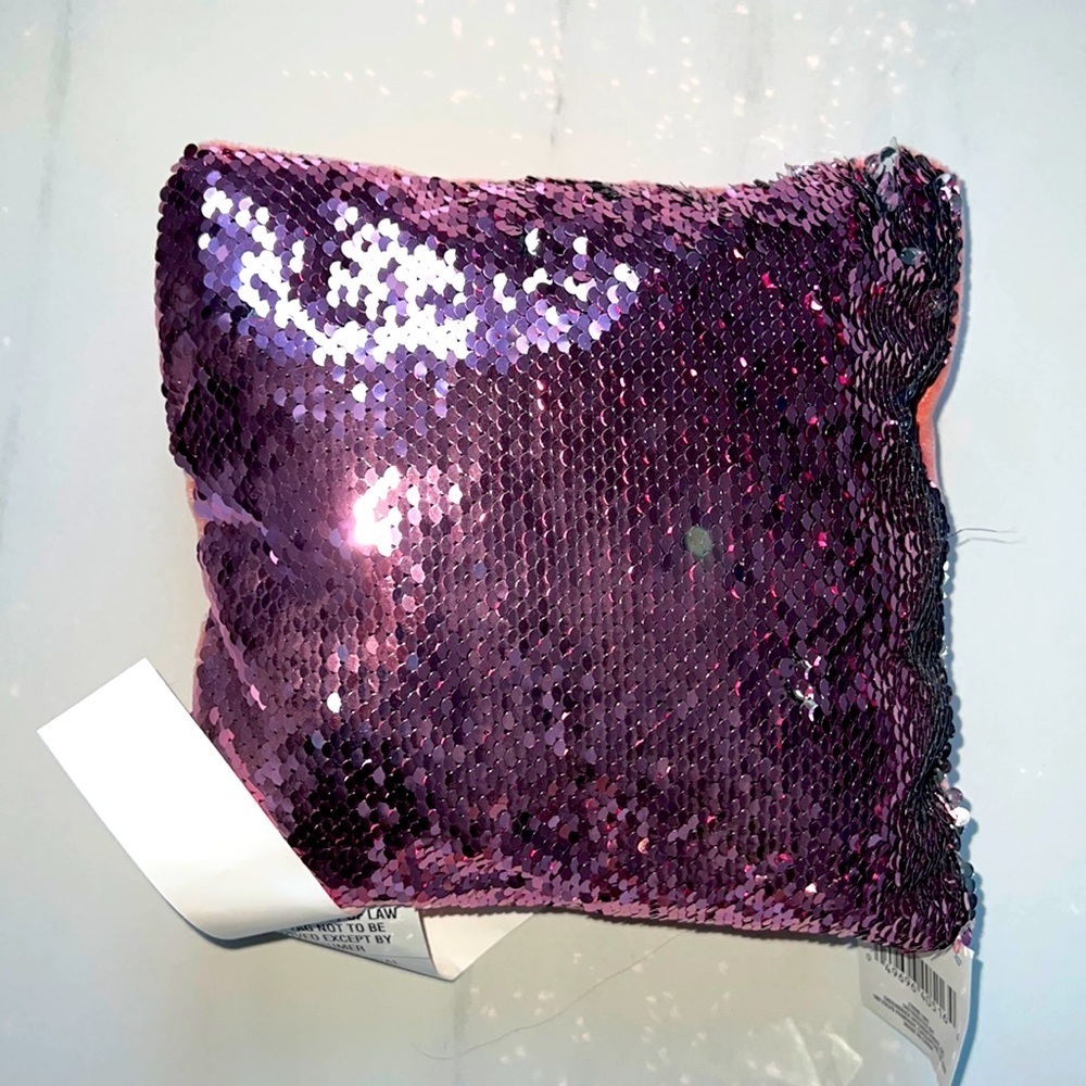 NWT 9 Inch Square Pink and Peach Double Sided Sequin Pillow with Velour Back - Picture 1 of 4